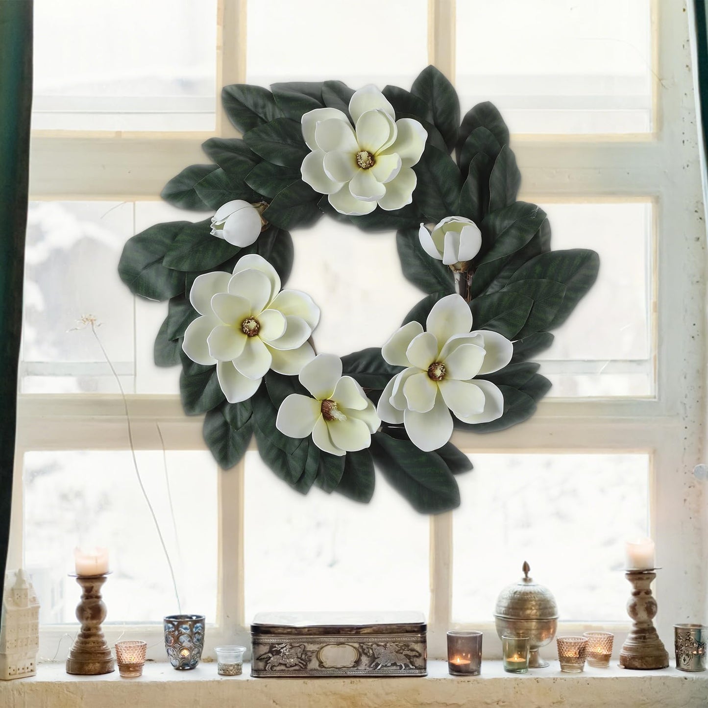 24 Inches Christmas Magnolia Wreath Artificial White Magnolia Christmas Decoration Farmhouse Greenery Wreath for Front Door Wall Home Window Holiday Outdoor Xmas Decor Entryway Patio Porch Garden