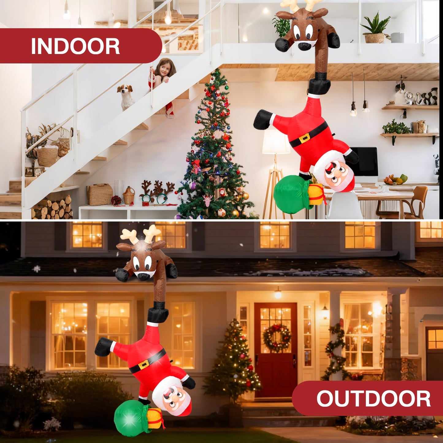 8FT Hanging Christmas Inflatables Decorations Outdoor，Blow Up Christmas Reindeer and Climbing Santa Claus with Built-in LEDs Lights for Indoor Holiday Party Yard Garden Lawn Décor
