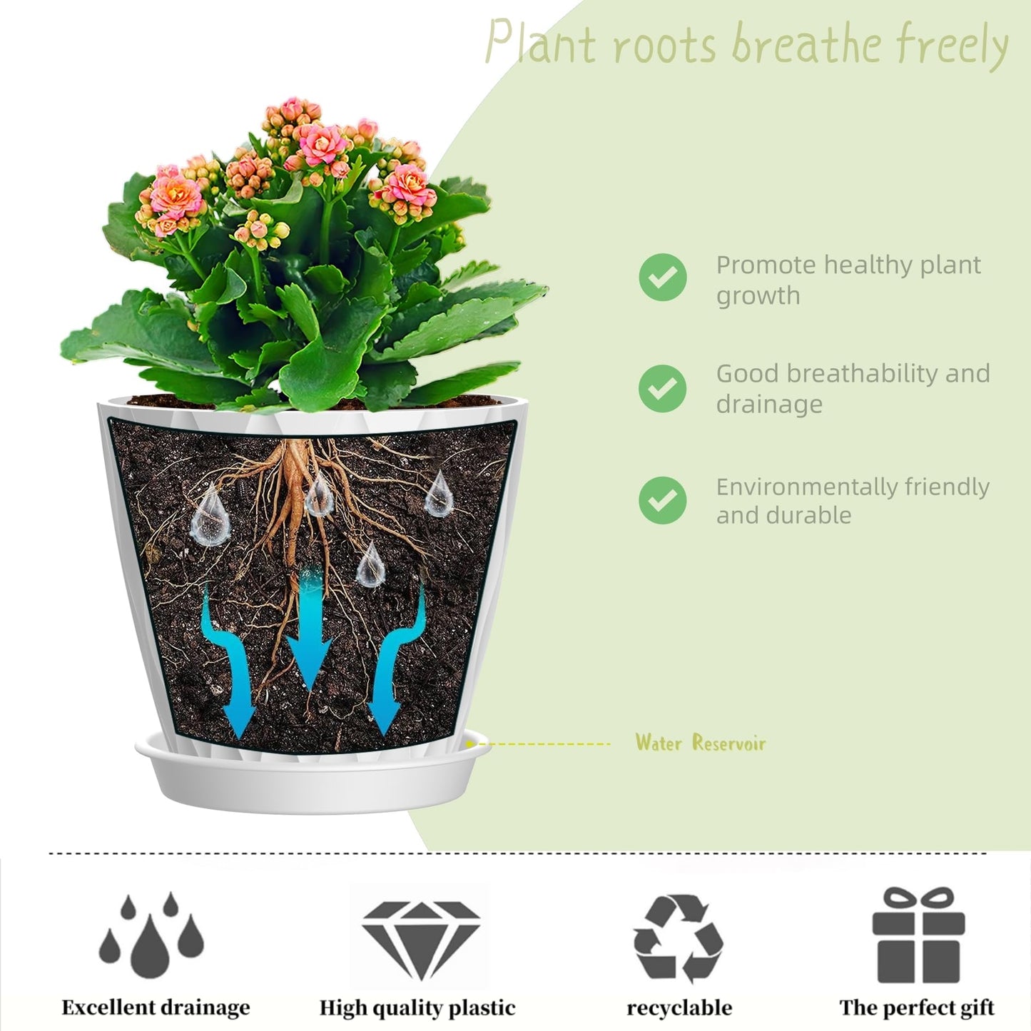 SQKH 4 Inch Plant Pots, 6 Pack Indoor Flower Pots, Planters with Drainage Holes and Trays for Orchids, Violets, Succulents, Herbs, and Other Plants,White