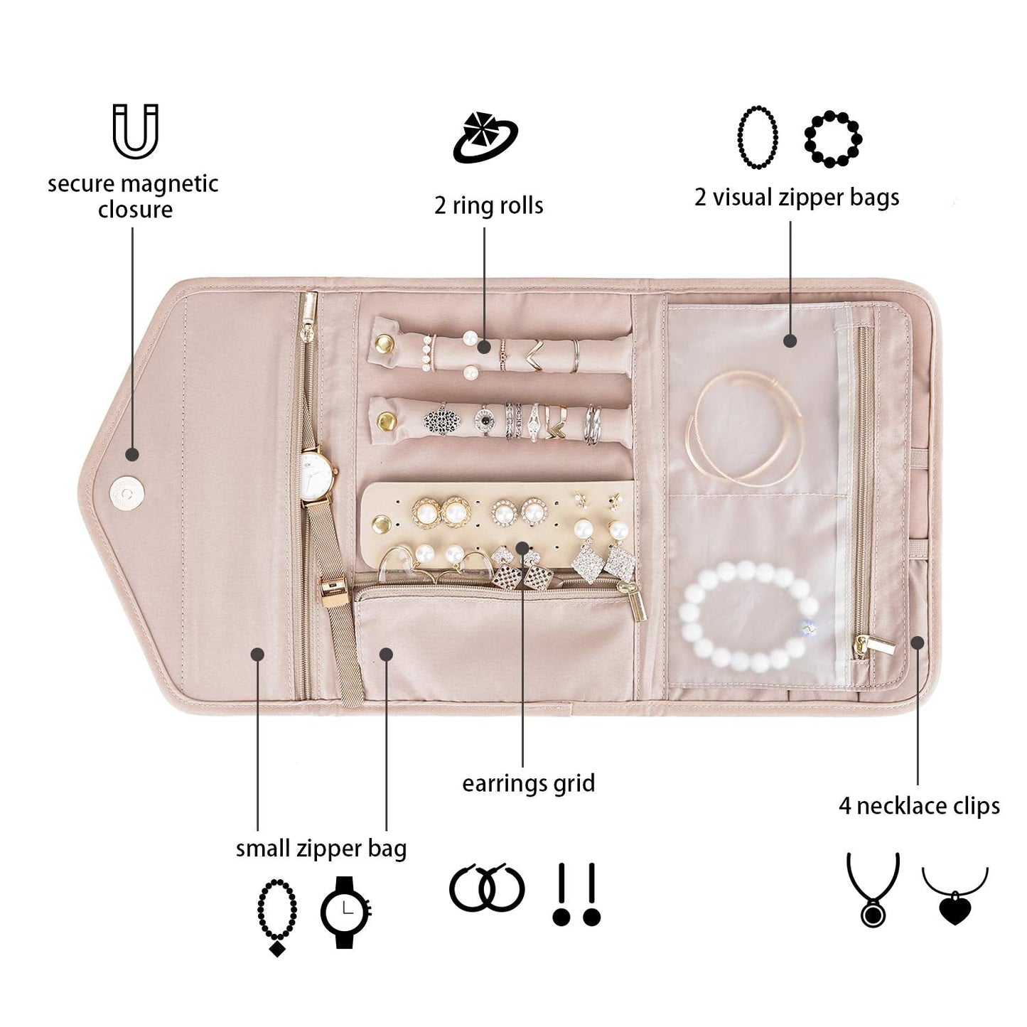 bagsmart Travel Jewellery Organiser, Foldable Jewelry Storage Roll for Journey-Rings, Necklaces, Bracelets, Earrings, (Medium-Pink)