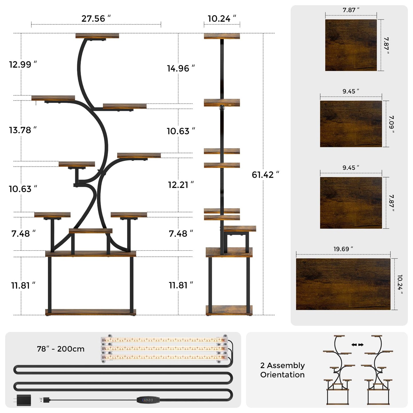 Plant Stand Indoor with Grow Lights - 9-Tier Curved Plant Stand, Tall Metal and Wood Indoor Plant Shelf with Unique Arched Design, Multi-Tier Flower Pot Holder Rack with Waterproof Finish, 63" Tall for Living Room, Balcony, and Garden
