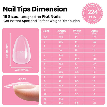 Beetles Tipex Instant Apex Nail Tips Kit, Coffin Long 224Pcs 16 Sizes Pre-Building & Pre-Etched Thicker Acrylic Nails False Nail Extension with Tipex Nail Glue Mini Nail Lamp