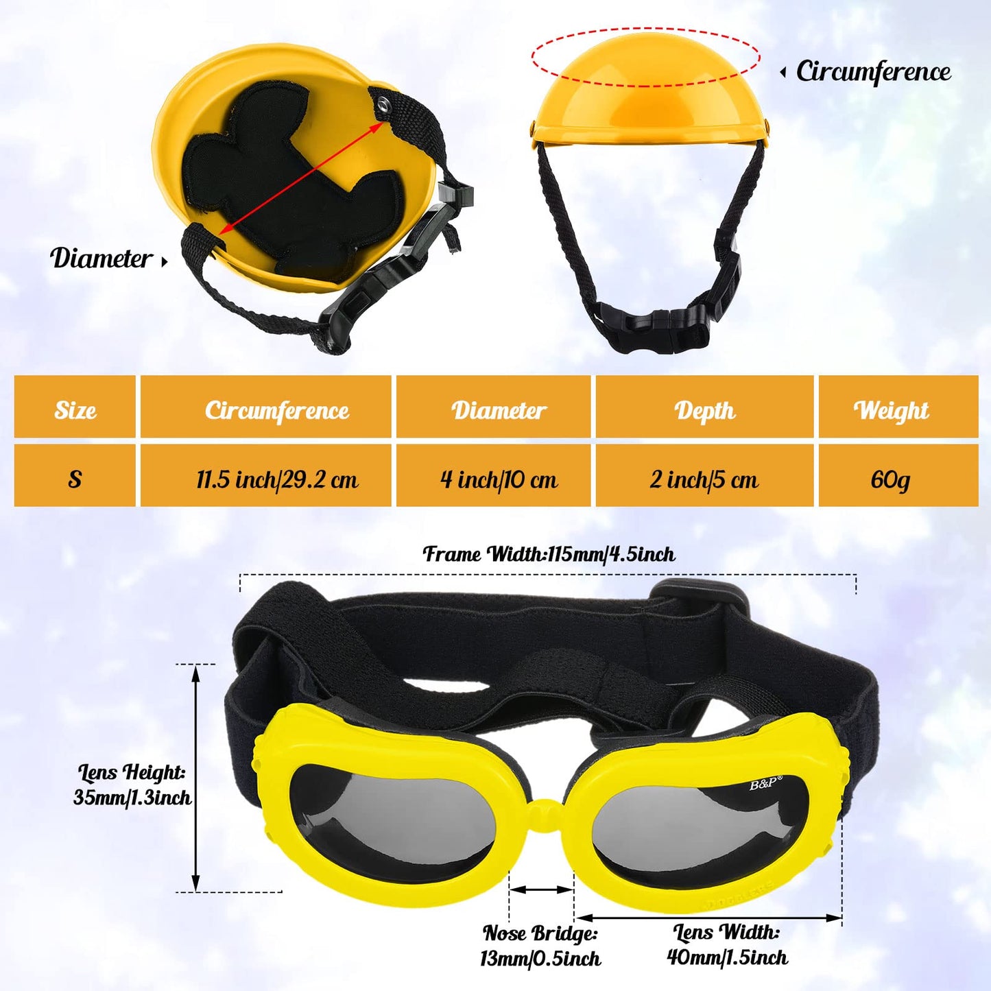 Dog Helmet and Goggles Set - 4 Inch Padded Motorcycle Helmet, Sunglasses Safety Cap, Hard Hat With Adjustable Belt for Small Pets Riding, S Size (Yellow)