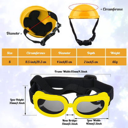 Dog Helmet and Goggles Set - 4 Inch Padded Motorcycle Helmet, Sunglasses Safety Cap, Hard Hat With Adjustable Belt for Small Pets Riding, S Size (Yellow)