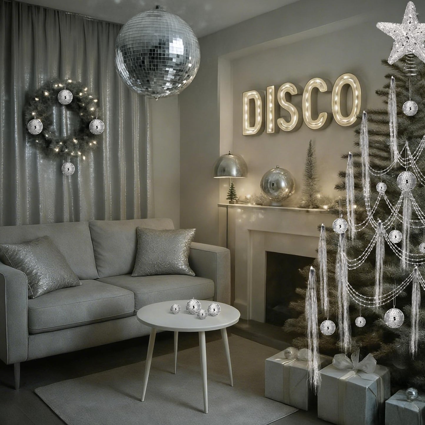 Thyle 10022 Pcs Disco Christmas Decor 20 Mirror Disco Balls 10000 Silver Tinsel Icicle Strands Glittered Star Tree Topper Ornaments 10 Meter Beaded for Christmas Party Supplies