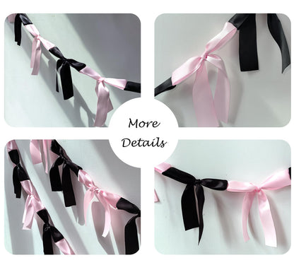 Eanjia Pink & Black Satin Bow Garland 6FT | Coquette & Cowgirl Birthday Banner, Pre-Tied Ribbon Bow Knot Decoration for Girls, Bridal Shower, Baby Room & Party Backdrop Decor