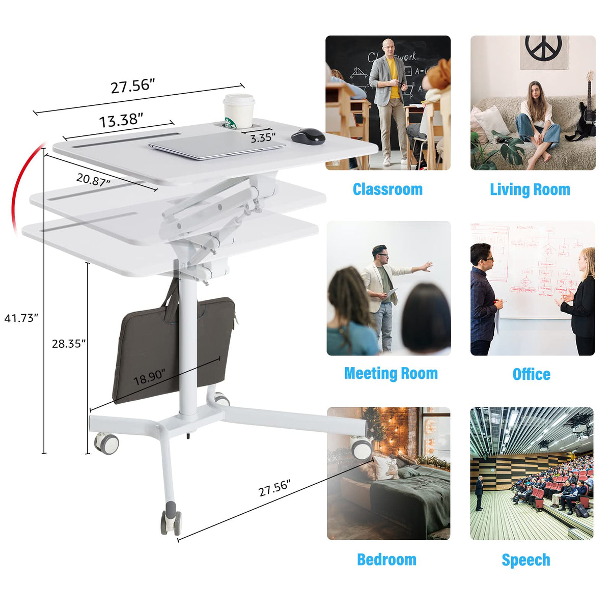 Lipo Mobile Sit Stand Desk - Height Adjustable Standing Laptop Desk Cart Rolling Couch Table on Wheels White Workstation with Gas Spring Riser for Home Office Classroom