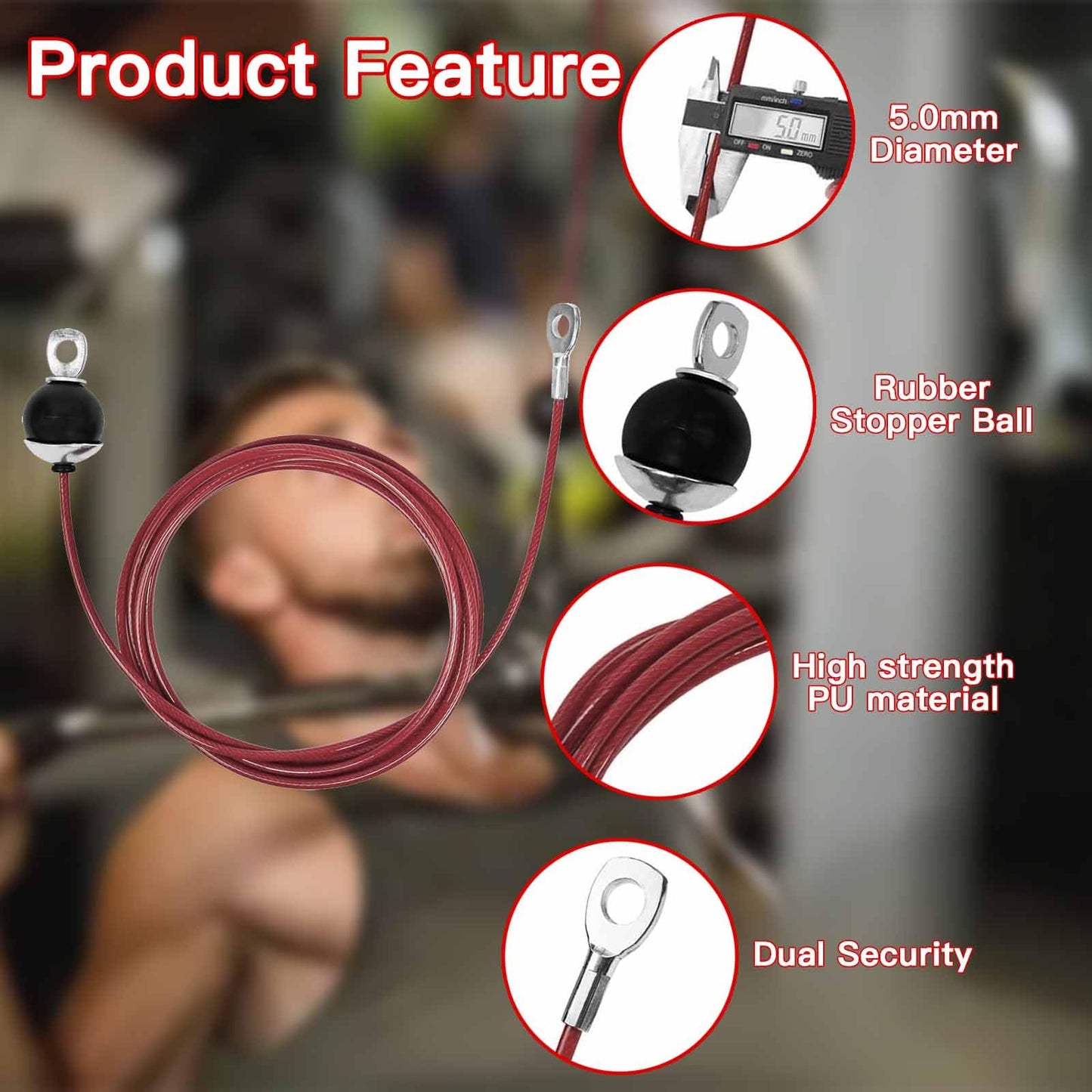 AIKESIWAY Replacement Cables for Home Gym, Fitness Pulley Cable, Weight Machine Replacement Cable -Thick 5mm(0.2inch) Heavy Duty Steel Wire Rope for Home Gym Cable (Type-B red, 39 inches)