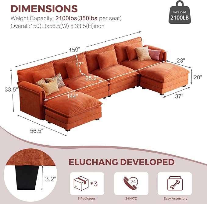 ELUCHANG 150" U Shaped Modular Sectional Cloud Couch