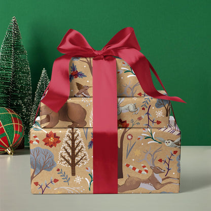 WRAPAHOLIC Kraft Christmas Wrapping Paper - Mini Roll - 17 Inch x 33 Feet - Christmas Animal Wrapping Paper and Tree Elements for Holiday, Party Celebration