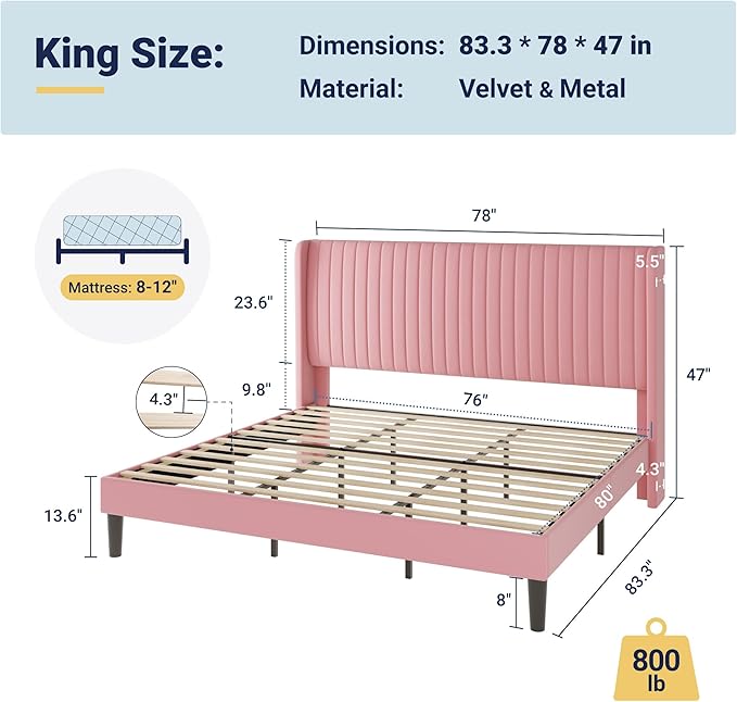 Allewie King Size Velvet Bed Frame/Vertical Channel Tufted Wingback