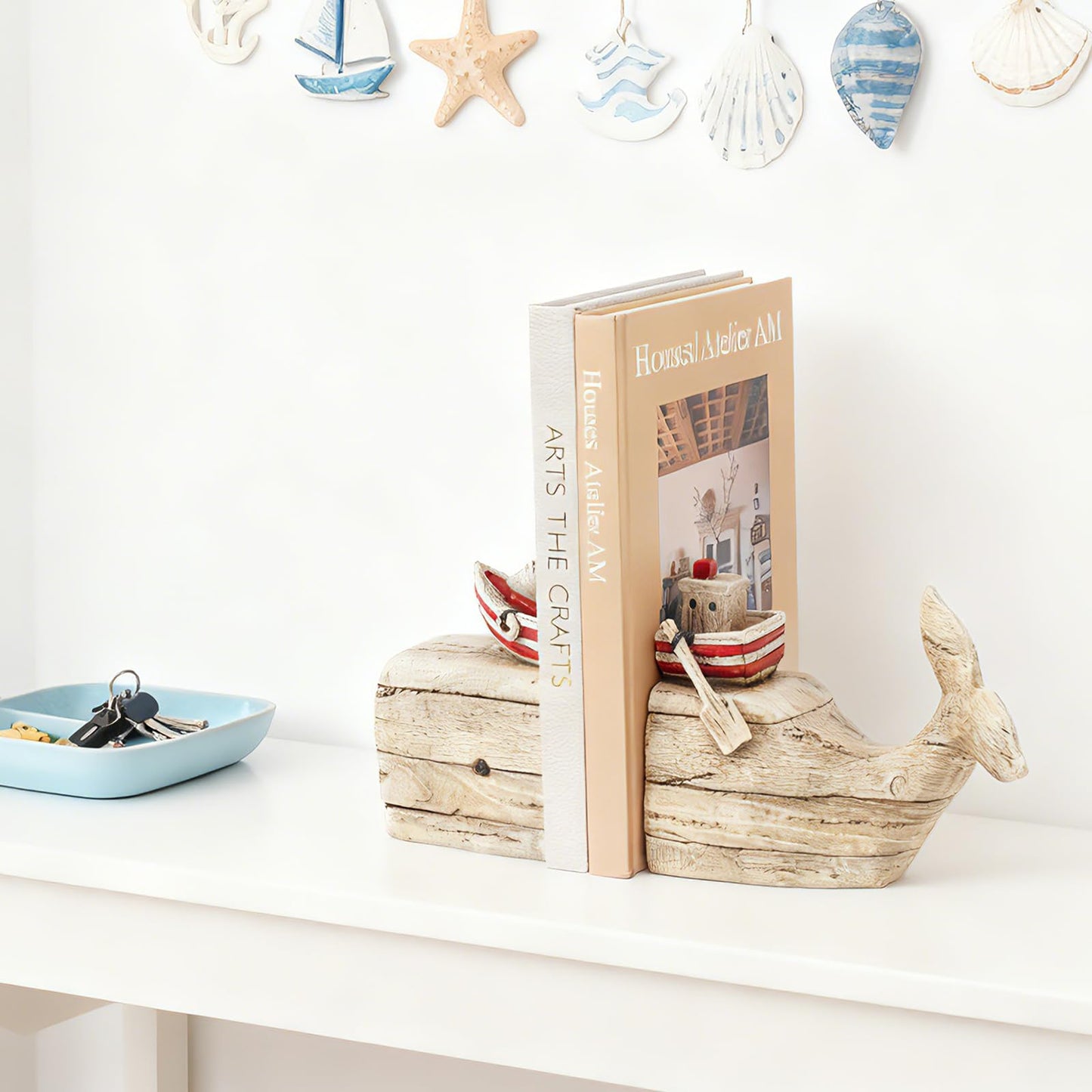 Guichifun Whale Decorative Bookends Book Holder - Distressed Finish Resin Cute Bookend Set with Sailboat Nautical Book Shelf Decor for Living Room Office Home Decoration Gift 11.8 X 3.9 X 6.5 inch