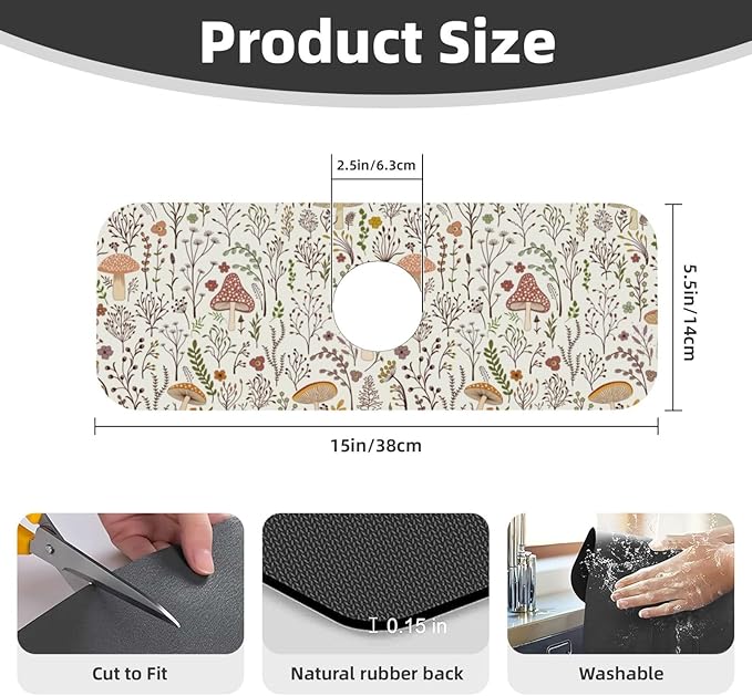 Cute Mushroom Wild Plant Kitchen Sink Splash Guard Faucet Mat 1 Pcs, Absorbent