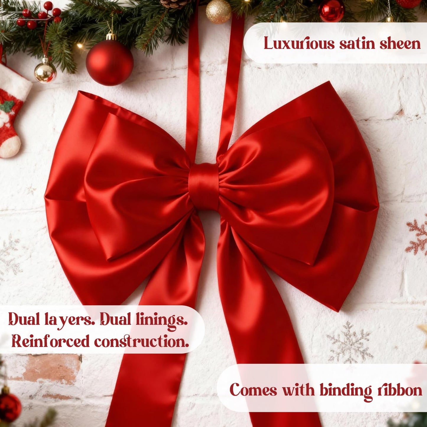 Froova 75x19 Inch Christmas Tree Topper Bows Big Red Bows Christmas Tree Decor Giant Large Satin Bow for Hoom Wall Backdrop Room Decorations for Wedding Birthday Party (Internal Stability Layer)