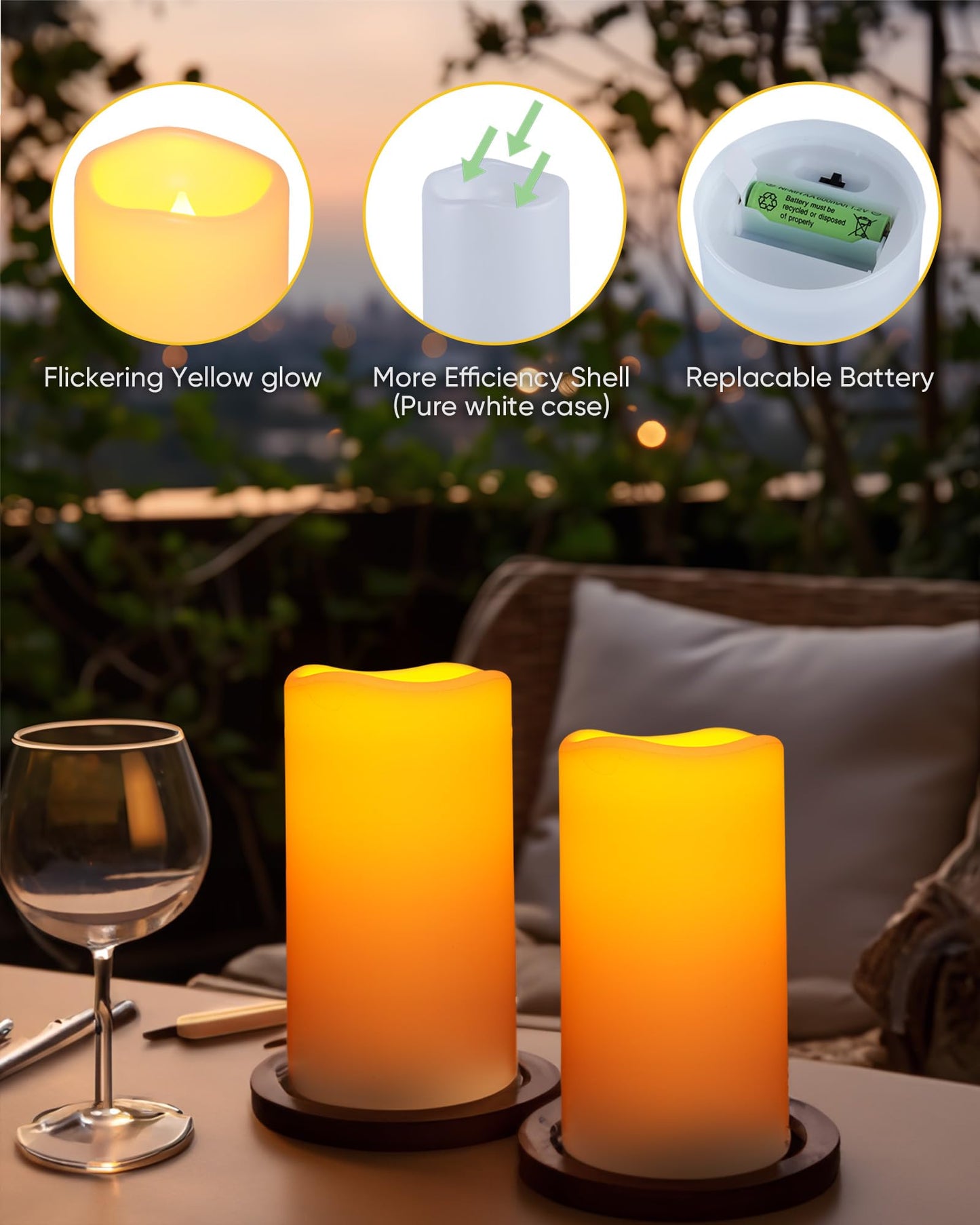 Homemory Solar Candles Outdoor Waterproof, 3"x6" Rechargeable Solar Powered Lights, Solar Powered Flameless Candles for Outdoor, Lanterns, Sensor Only, Dusk to Dawn, Set of 2