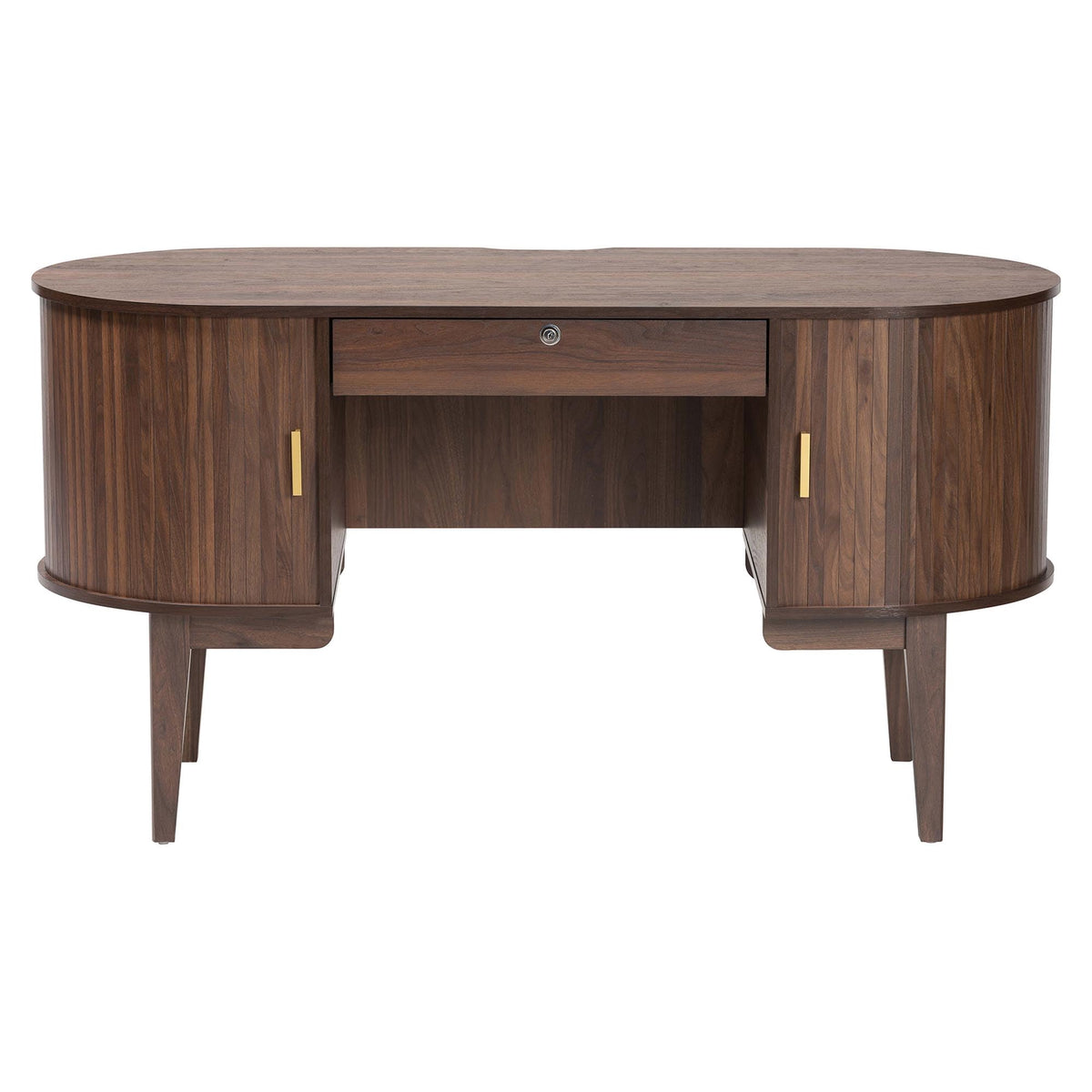 Baxton Studio Hayes Wood Writing Desk - Mid-Century Modern Oval Desk with Locking Drawer and Sliding Tambour Doors for Office or Home