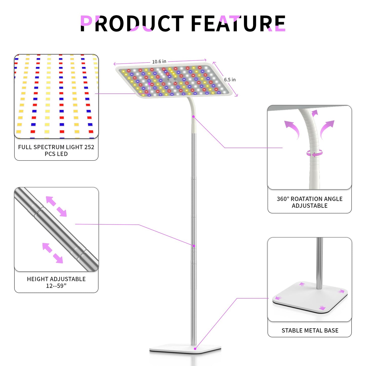 BESTVA 36W Grow Lights with Stand, Full Spectrum LED Plant Light, 12-59 Inch Height Adjustable Growing Lamp with Auto On/Off Timer 4H/8H/12H, 4 Dimmable Brightness