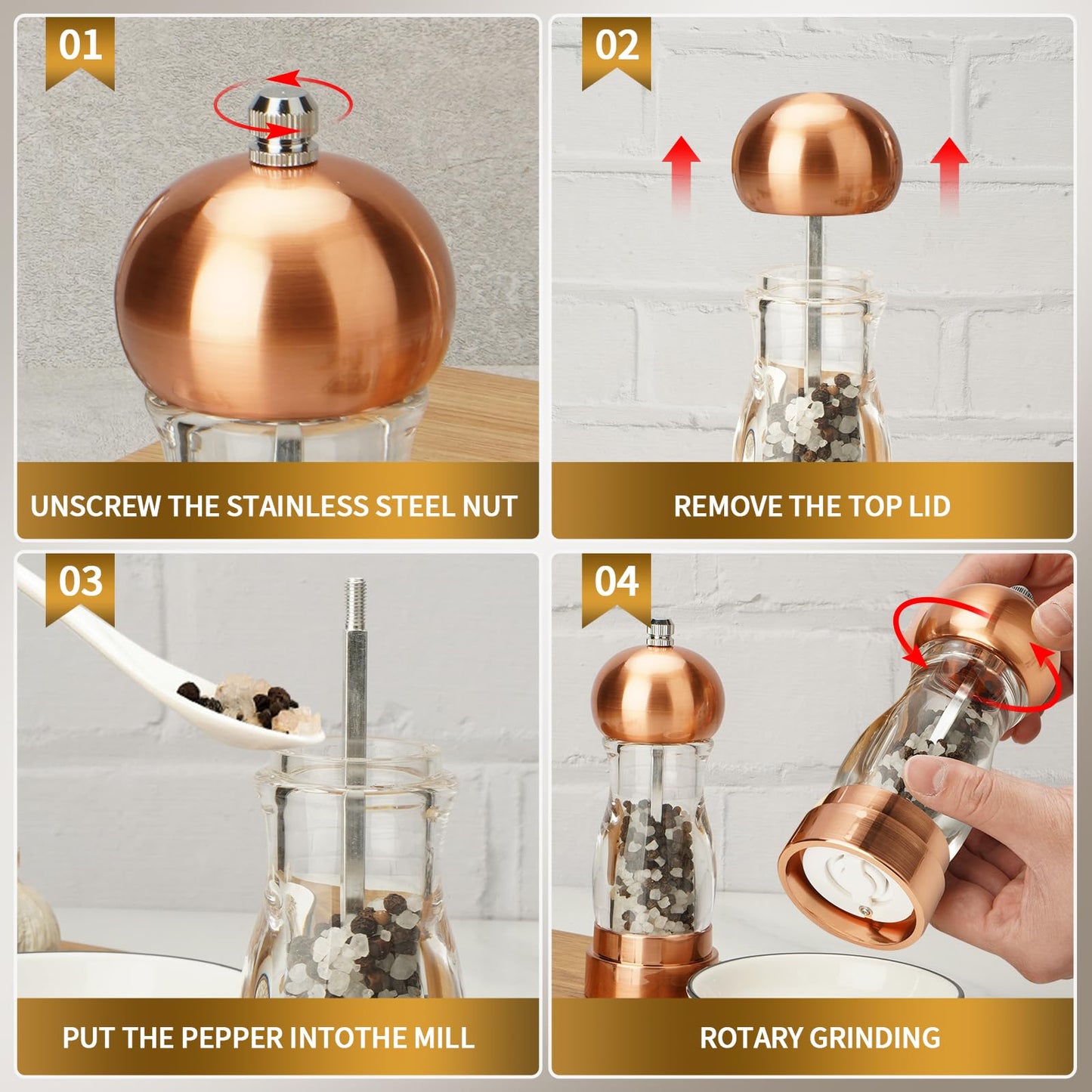 Pepper Grinder,Salt Grinder,Stainless Steel Salt and Pepper Grinder Set,Manual Salt & Pepper Grinders,Refillable Pepper Grinder Mill with Adjustable Coarseness, Ideal for Kitchen（5 Inches-2PCS）