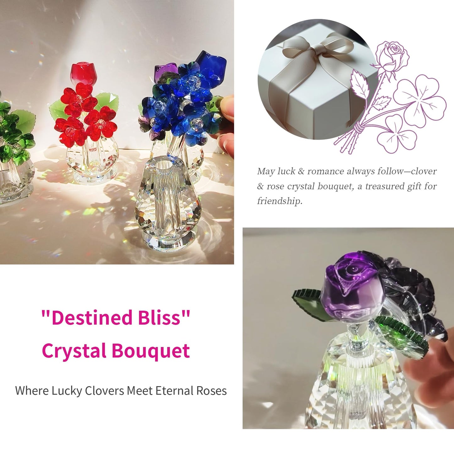 Decorative Crystal Glass Flower Sculpture - Rose & Clover Bouquet, Symbol of Love & Luck, Ornament for Home, Display Cabinet & Window Sill Decor, Gifts for Garden Enthusiasts (Purple)