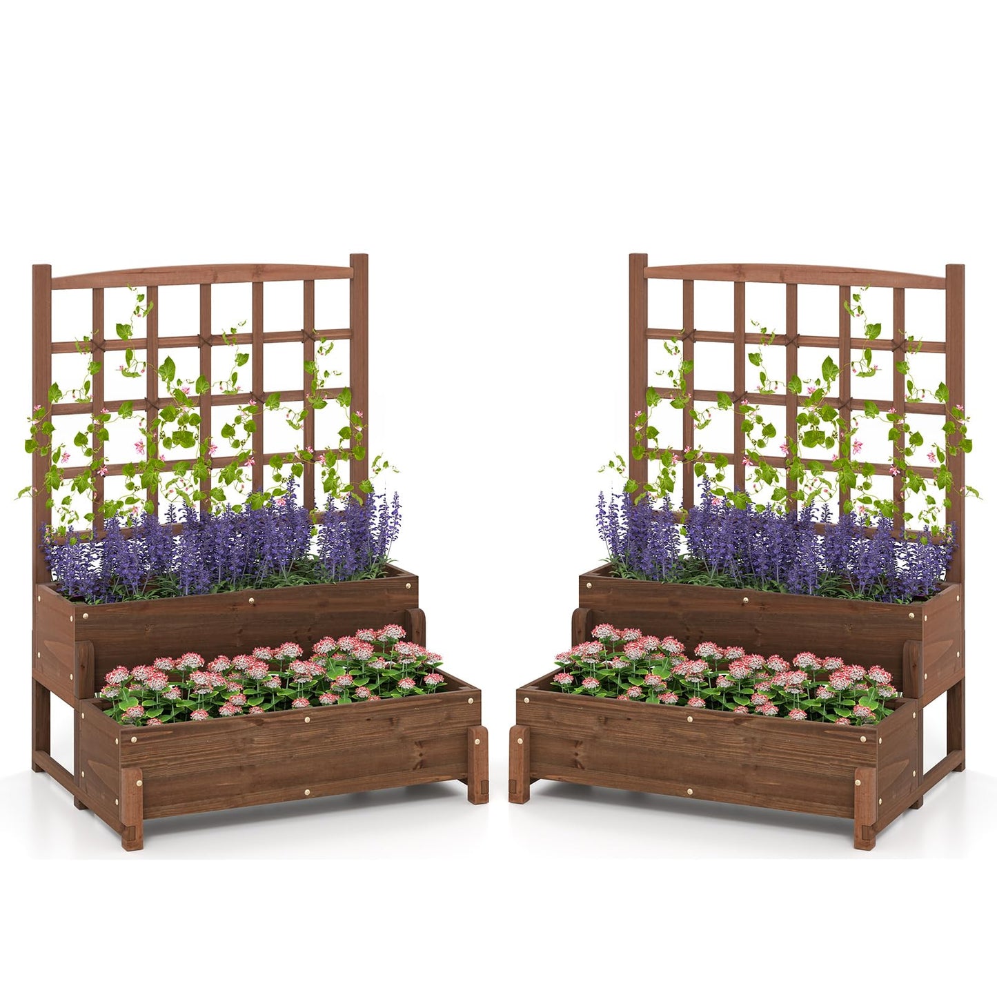 Giantex 2 Pcs Raised Garden Bed with Legs and Trellis, 2-Tier Standing Planter Box with Drain Holes, Outdoor Elevated Garden Trellis for Vine Climbing, Flower Vegetable Fruit Herb Growing