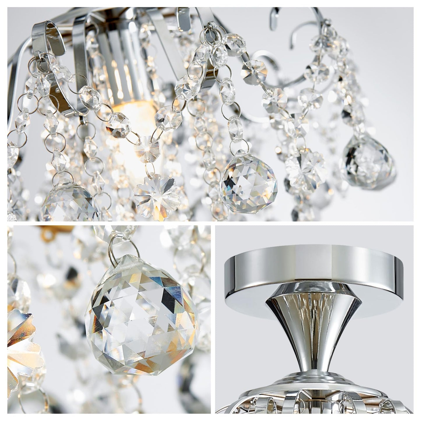 WUZUPS Crystal Chandelier Flushmount Ceiling Light Modern Lighting Fixture for Bedroom Hallway Bar Kitchen Bathroom, H 13.4" x W 12.6", E26 Base, Chrome