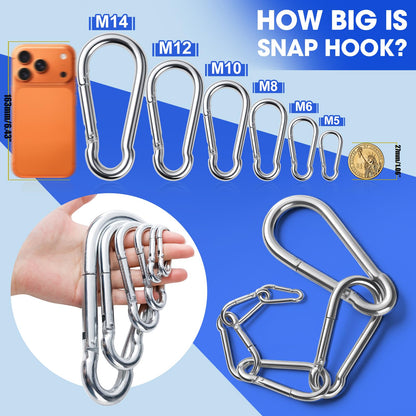 30Pack Heavy Duty Spring Snap Hooks 4Inch, 3/8” Carabiner Clips for Swing, Large Steel Chain Quick Links Safety Buckle Connector for Hammock Fitness Gym Outdoor Boating, M10 Snap Hook Carabiners