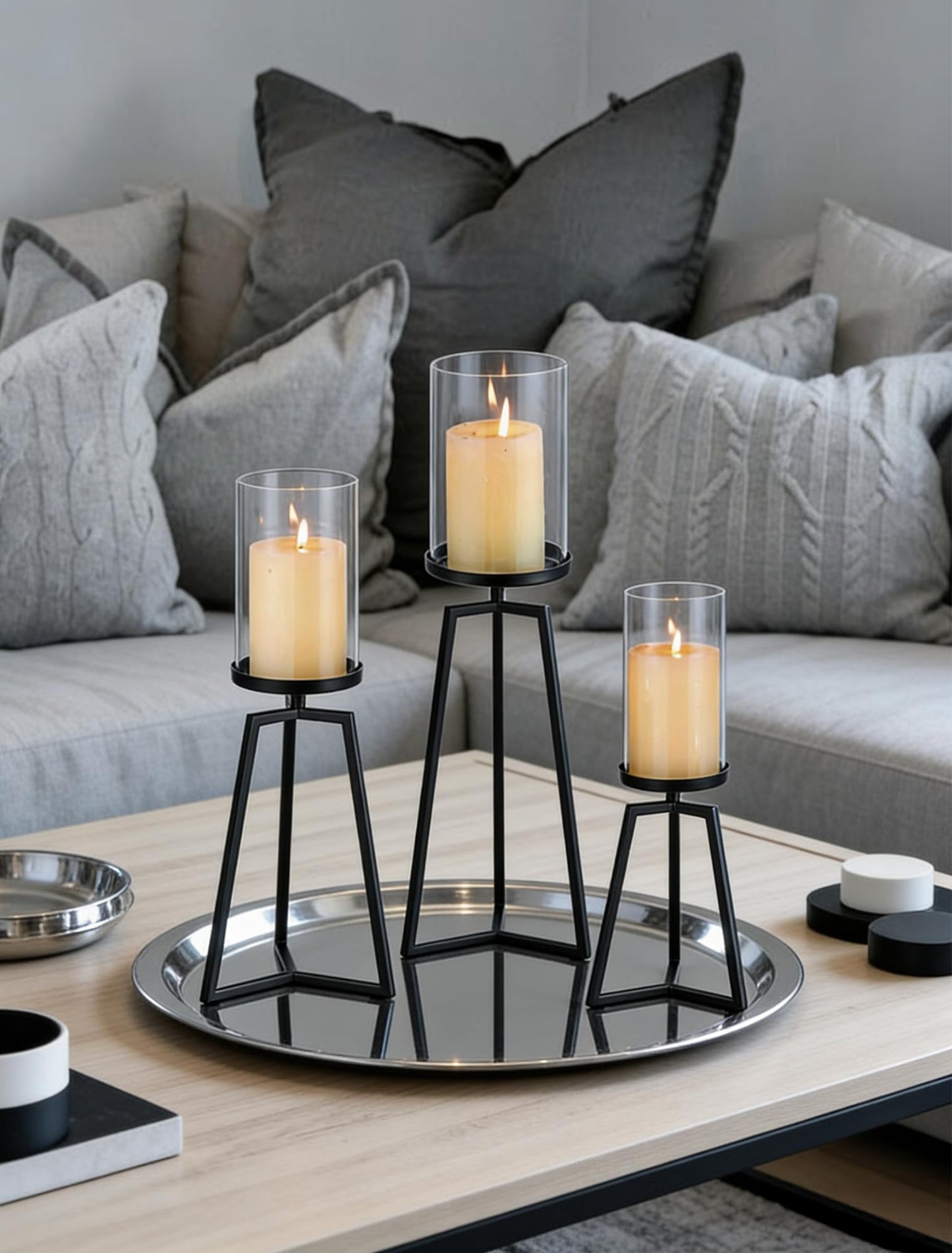 Sziqiqi Pillar Candle Holders Black: Set of 3 Metal Candleholder - Geometric Candle Stands with Hurricane Glass for Indoor Outdoor Dining Table Decor