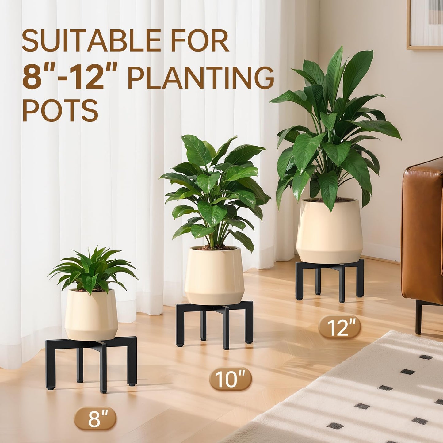 JND Adjustable Plant Stand Indoor Outdoor,Metal Modern Plant Stands, Plant Stand with Adjustable Feet,Low Short Plant Stands,Fit 8-12 inch Pots,Black (Pot & Plant Not Included)