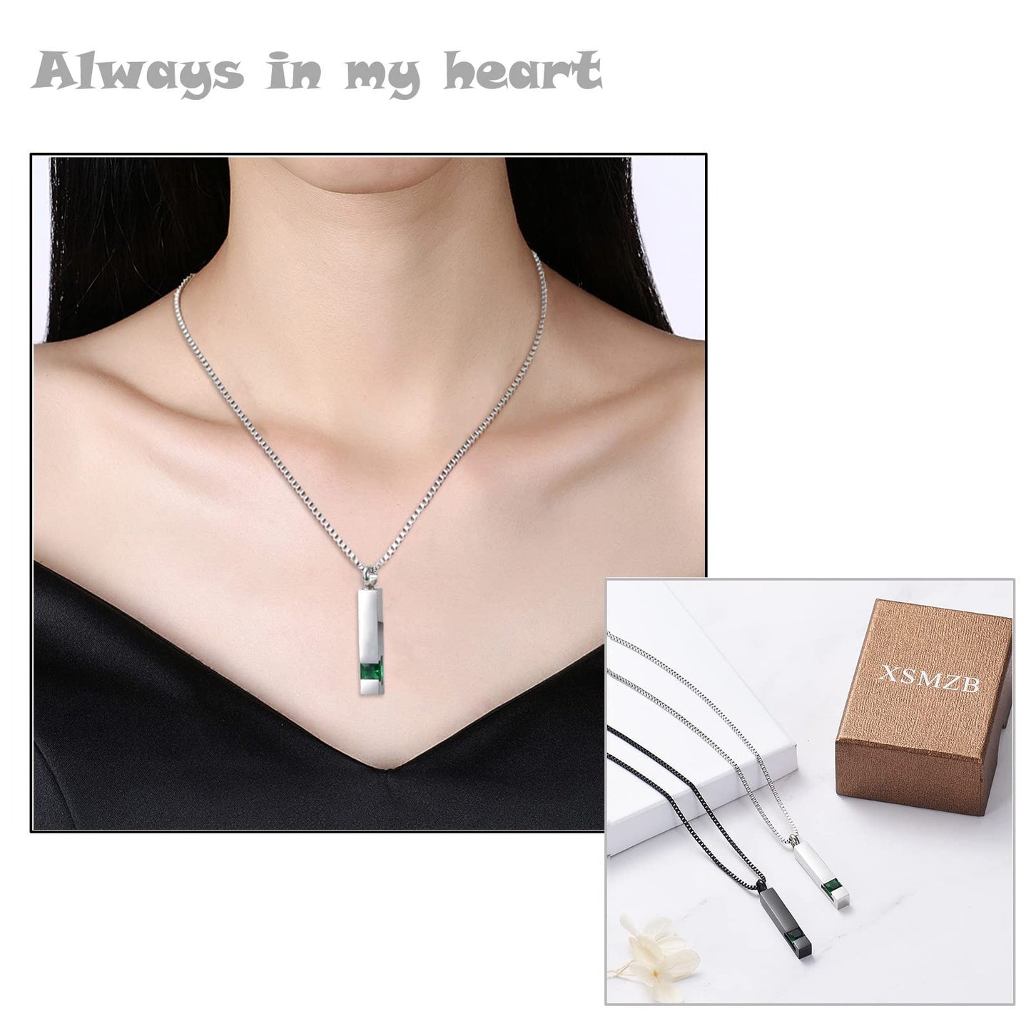 XSMZB Crystal Bar Cremation Urn Jewelry for Ashes Birthstone Cube Memorial Urn Necklace for Women Men Funeral Ashes Keepsake Pendant(2pcs-Green)