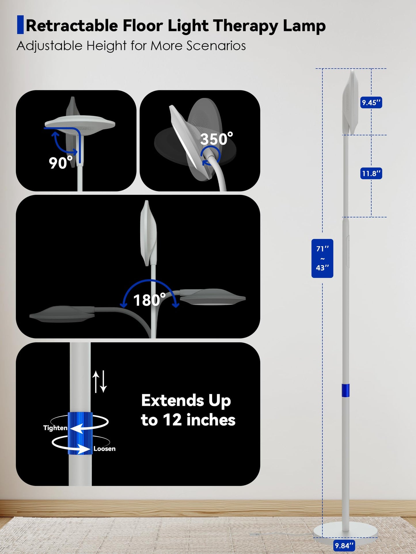 48000 LUX UV-Free Sunlight Lamp, 36W Bright LED Floor Lamp, Full Spectrum Sun Lamp, 7 Brightness Levels 4 Color Temps with Remote, Adjustable Height Reading Floor Lamp for Living Room Bedroom Office