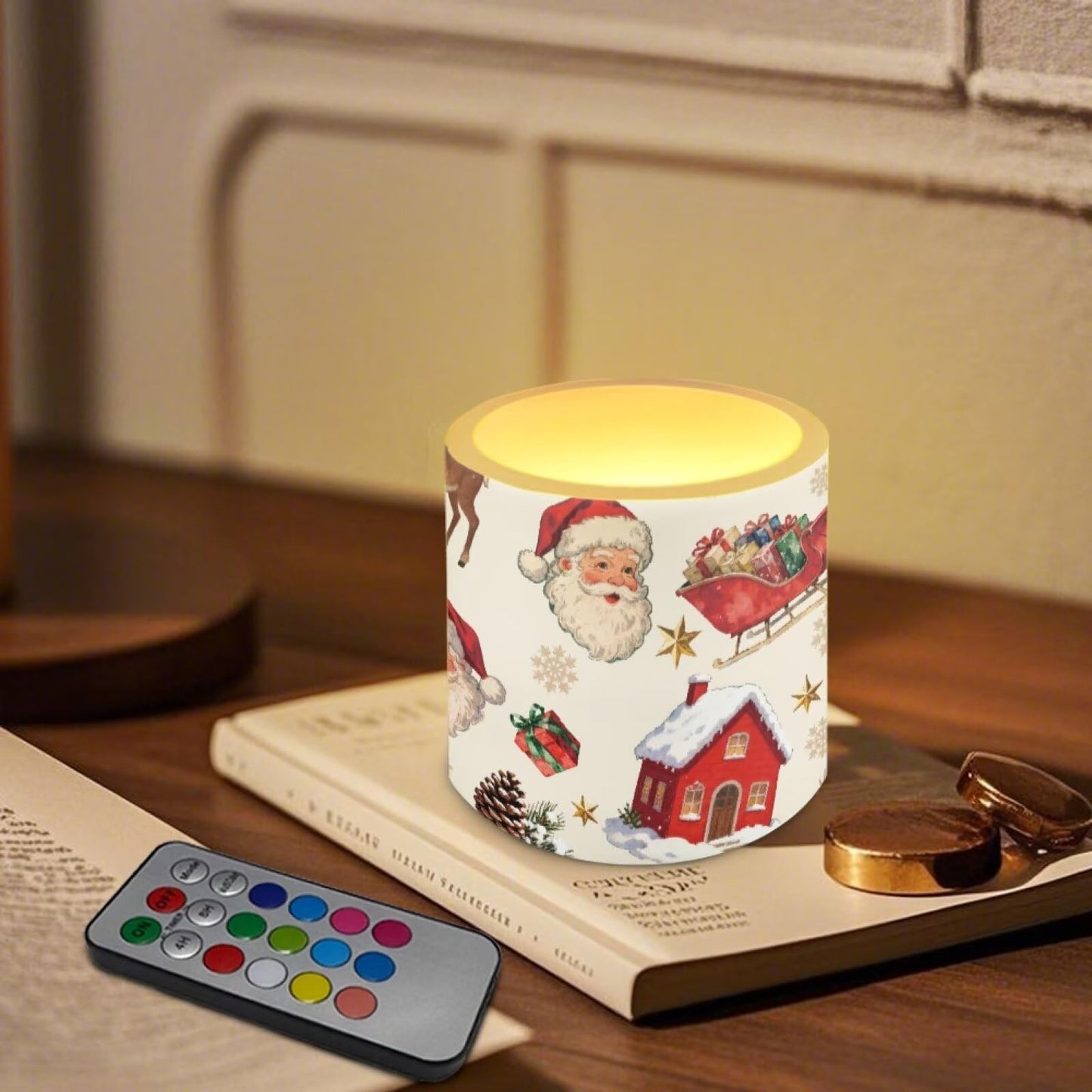 Poceacles LED Flameless Candles Set of 4 Battery Operated Fake Flickering Candles, Outdoor Indoor Tealights for Holiday Festival Christmas Decorations, Santa Claus Sleigh Christmas Wreath Beige