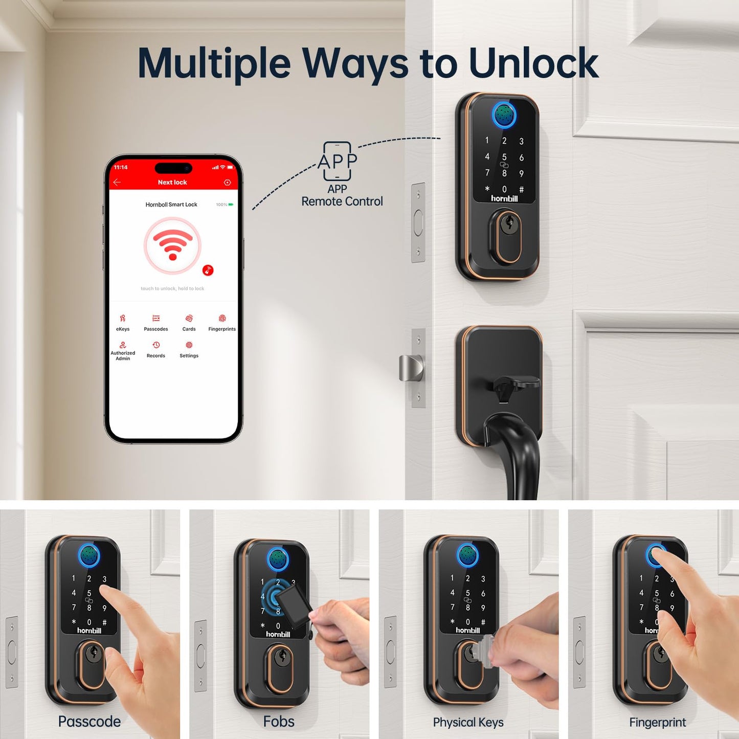 WiFi Smart Locks for Front Door: Hornbill Keyless Entry Door Lock with Handle, Fingerprint Keypad Deadbolt Front Door Lock Set, Electronic Biometric Digital Lock, App Remote Control, Oil Rubbed Bronze
