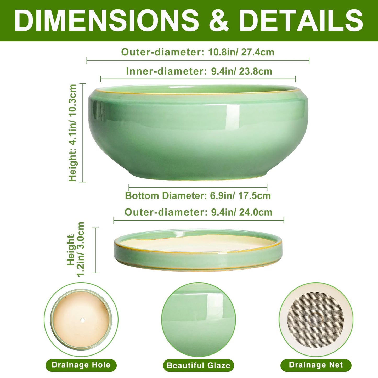 EPFamily 10 Inch Bonsai Tree Pots - Ceramic Succulent Pots with Drainage Hole and Tray, Shallow Planter for Indoor Outdoor Plants, Round Planters, House Decor, Gifts for Plant Lovers, Light Green