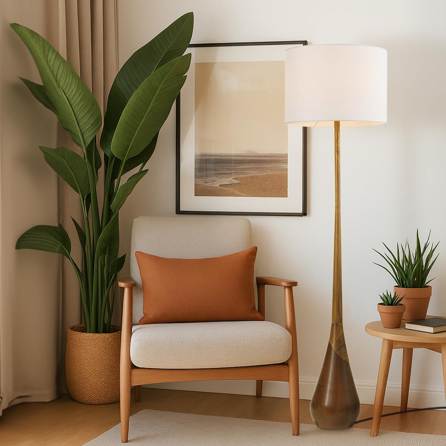Globe Electric Novogratz x Globe Harrington 65" Floor Lamp, 2-Tone Faux Wood Base, White Fabric Shade, Socket Rotary Switch 67225