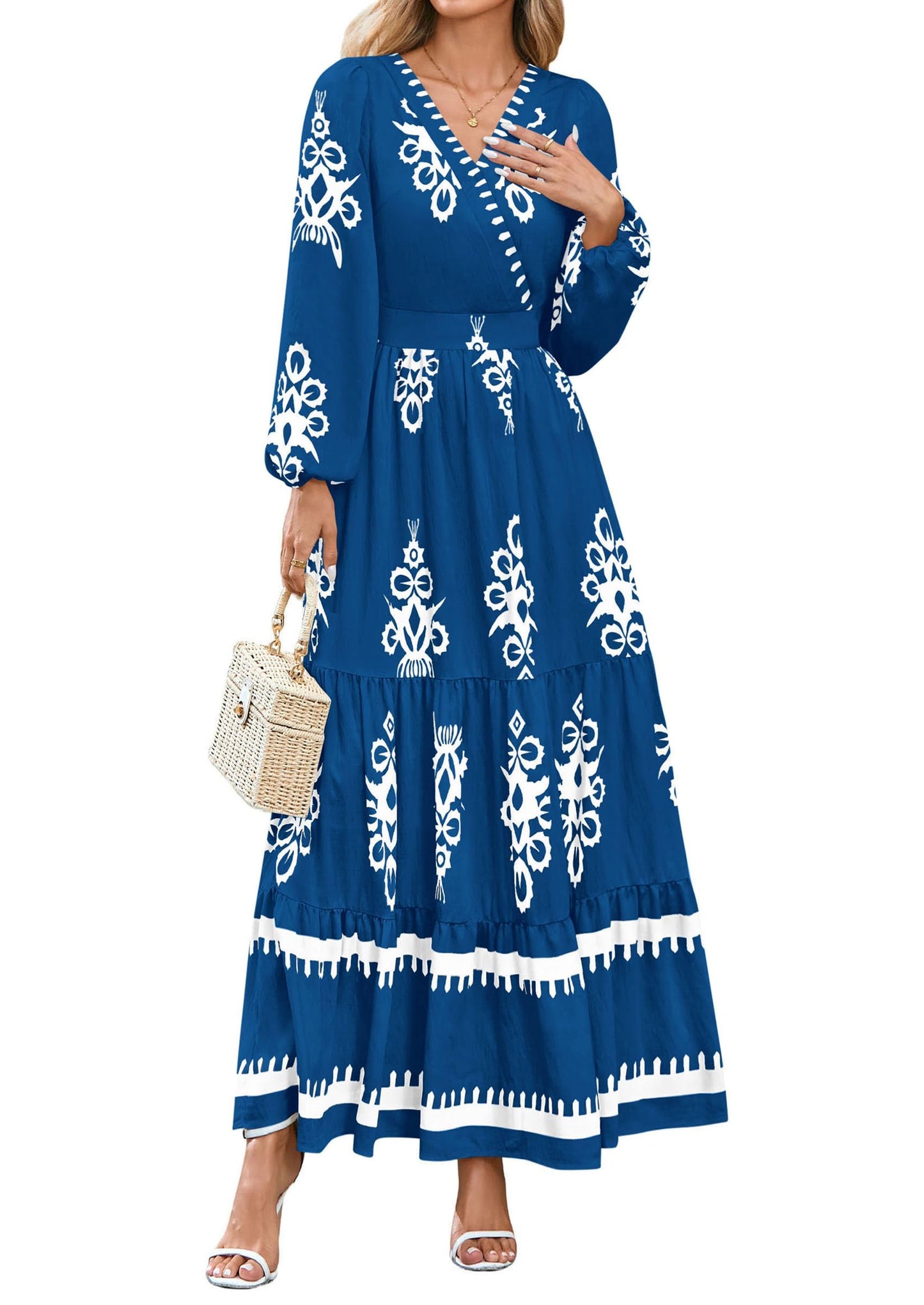 PRETTYGARDEN Women's 2025 Fall Wedding Guest Dresses Boho Floral Long Sleeve V Neck Flowy Elegant Maxi Dress Beach Clothes