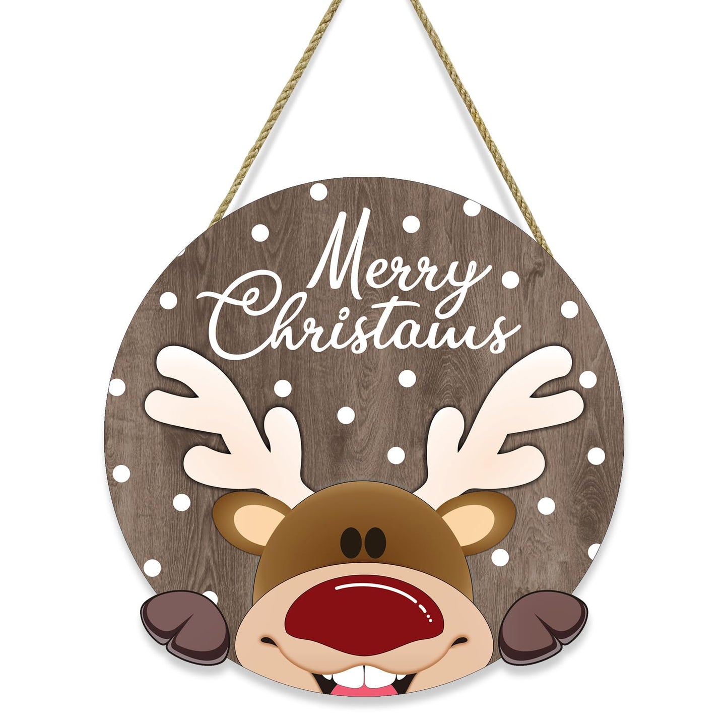 SIKERIC Merry Christmas Reindeer Door Hanger, 11.4''x11.4'' Wooden Christmas Wall Decor Plaque for Home Party Porch Entryway