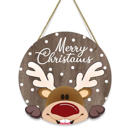 SIKERIC Merry Christmas Reindeer Door Hanger, 11.4''x11.4'' Wooden Christmas Wall Decor Plaque for Home Party Porch Entryway