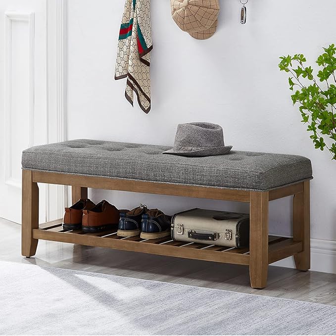 24KF Large Rectangular Upholstered Tufted Linen Fabric Ottoman Bench, Padded