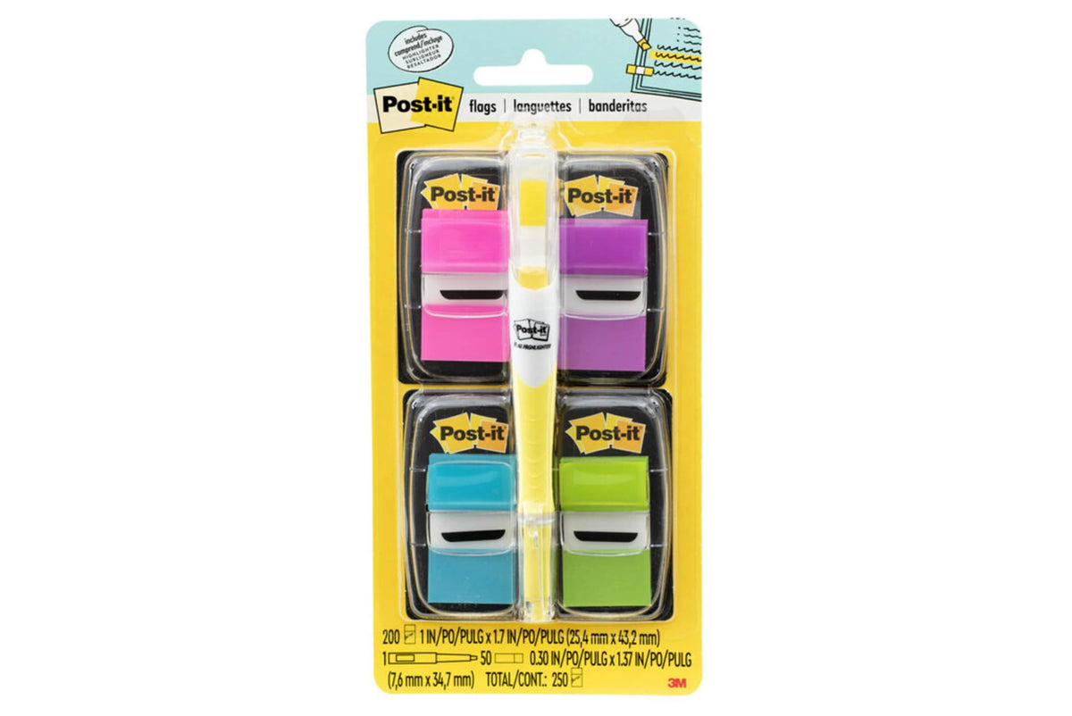 Post-it Flags Value Pack, 50/Dispenser, 4 Dispensers/Pack, 1 in Wide, Assorted Bright Colors, Includes FREE Flags + Highlighter (680-PPBGVA)
