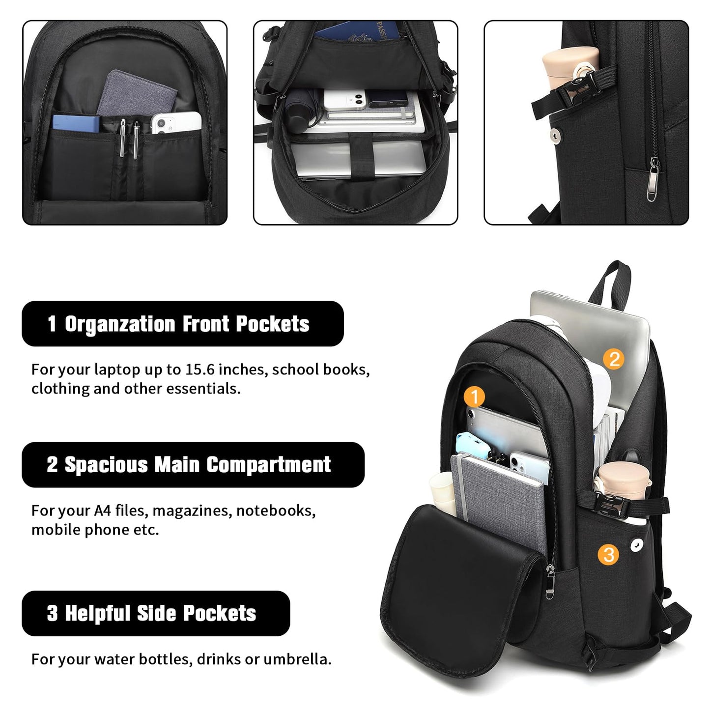 Kono Laptop Backpack, Anti Theft Rucksack for Men Women Travel Work 15.6 Inch Laptop Bag with USB Charging Port Lightweight School Bag for Girls Boys