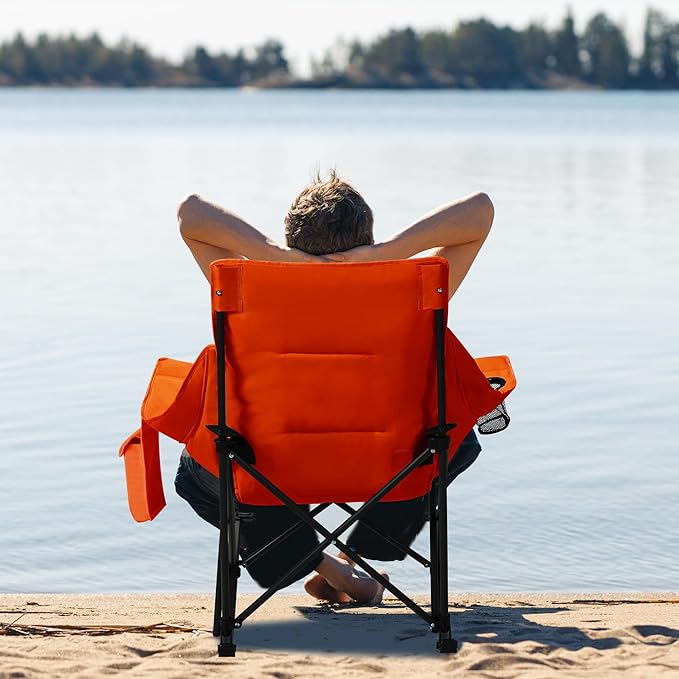 Oversized Rocking Camping Chair with Headrest & Cup Holder - 400lbs Capacity, 600D Oxford Fabric, Easy Fold Portable Outdoor Rocker Chair for Camping, Backyard, Beach, Orange