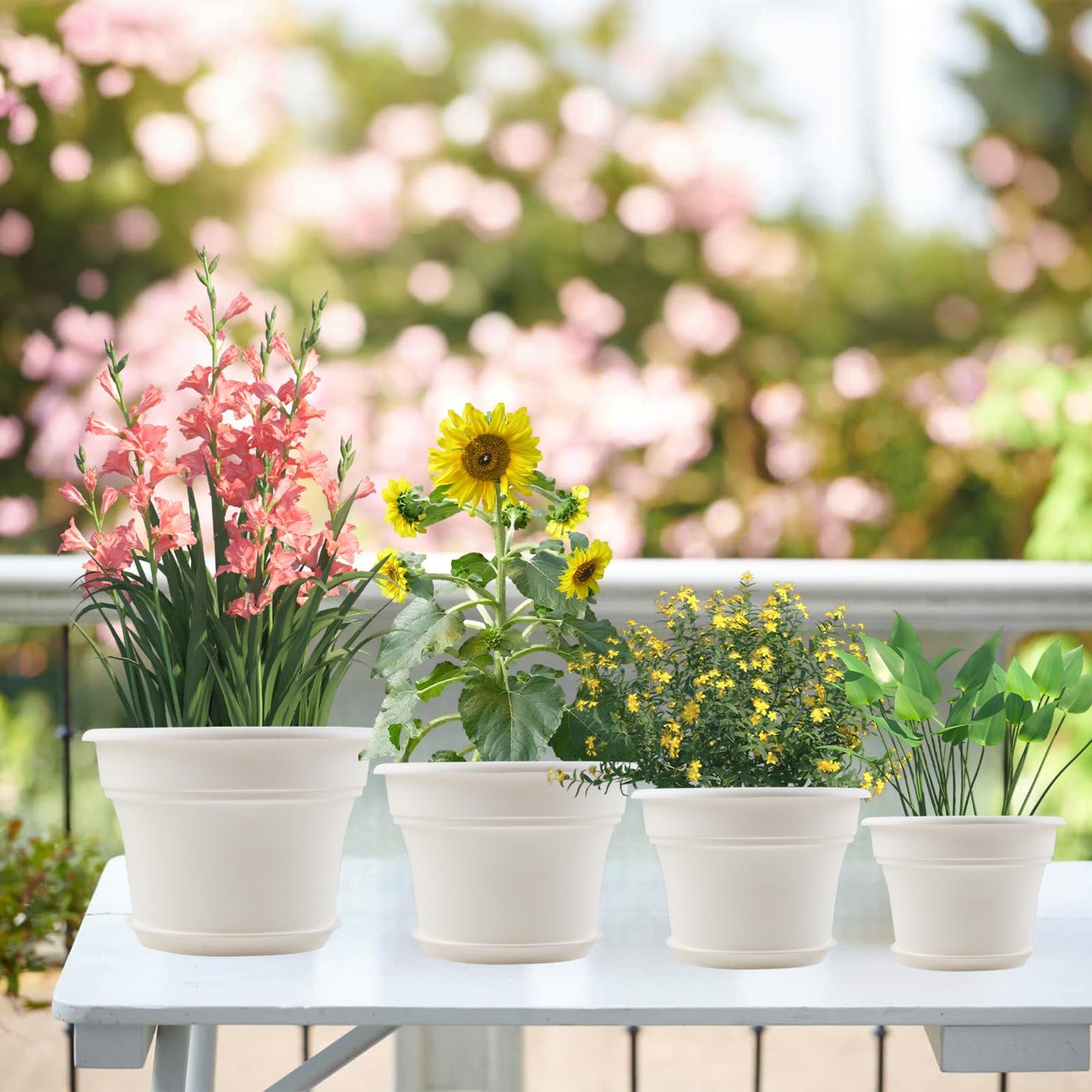 Pottiffe 13 Inch Plastic-Flower-Pot-for-Indoor-Plants, 4 Pack Large Outdoor Planter Pot with Drainage Holes & Saucers, Resin Decorative Garden Pots Planters