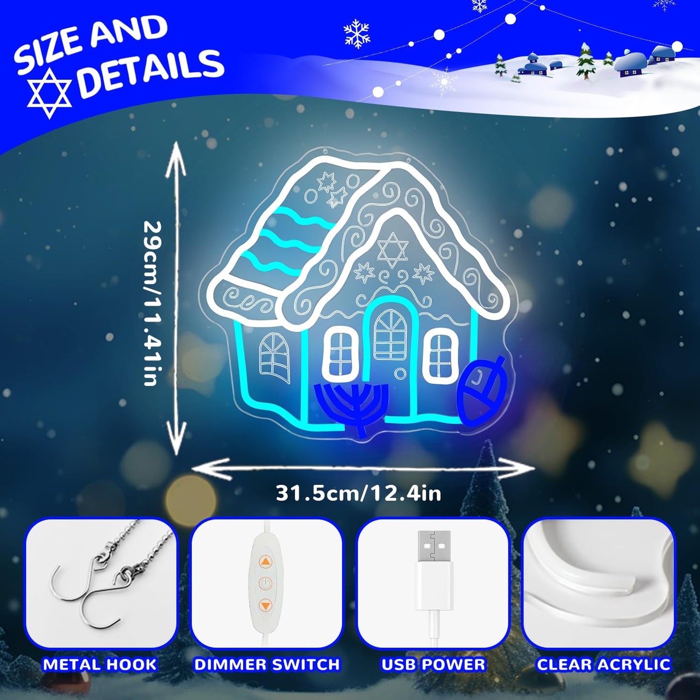 hhuohuona Hanukkah Neon Sign Hanukkah Gingerbread House Light Up Sign Dimmable Chanukah Decorations Jewish Gifts Star of David & Dreidel & Menorah Led Signs for Wall