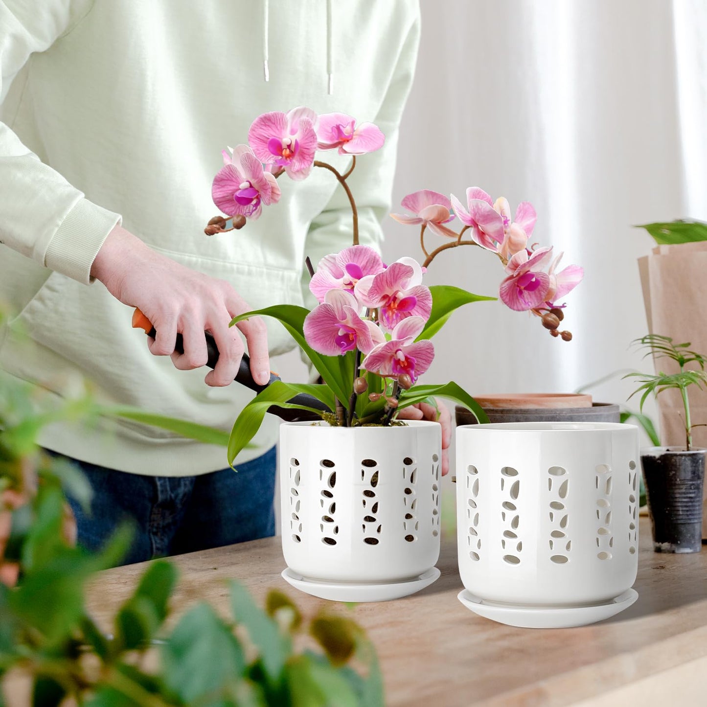 BUYMAX Ceramic Orchid Pots with Holes, 5 Inch+6 Inch Orchid Planter with Drainage Holes and Tray, Indoor Flower Pot for Repotting Orchids, Elegant White Glaze