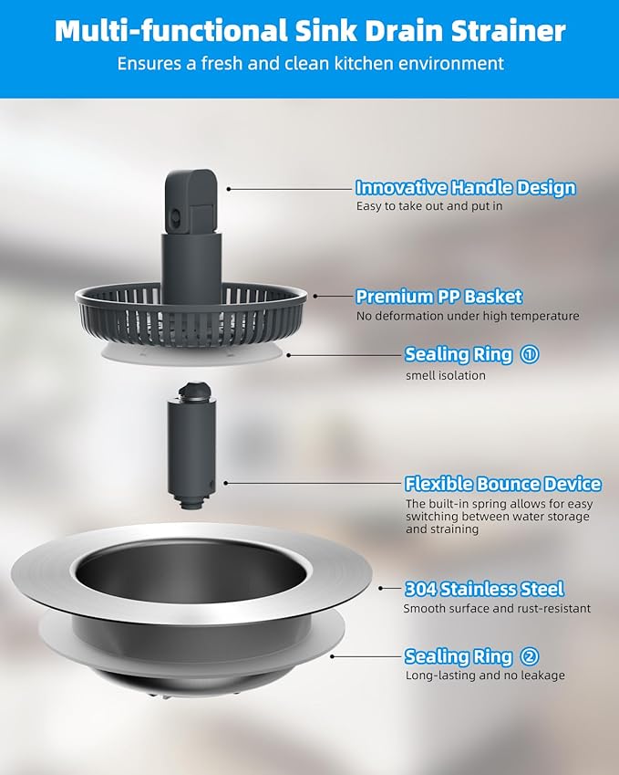 Hibbent Upgraded 3 in 1 Kitchen Sink Drain Strainer and Stopper Combo,