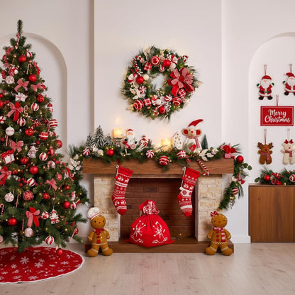 Valery Madelyn 30'' Pre-Lit Christmas Wreath for Front Door with Lights, Large Lighted Outdoor Christmas Wreath with Red White Xmas Balls & Bow for Home Porch Fireplace Window Holiday Wall Decor