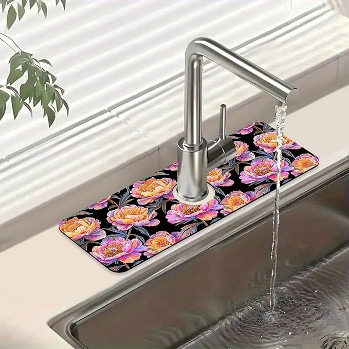 Colorful Peonies Sink Splash Guard Blooming Peonies Faucet Absorbing Mat Fast