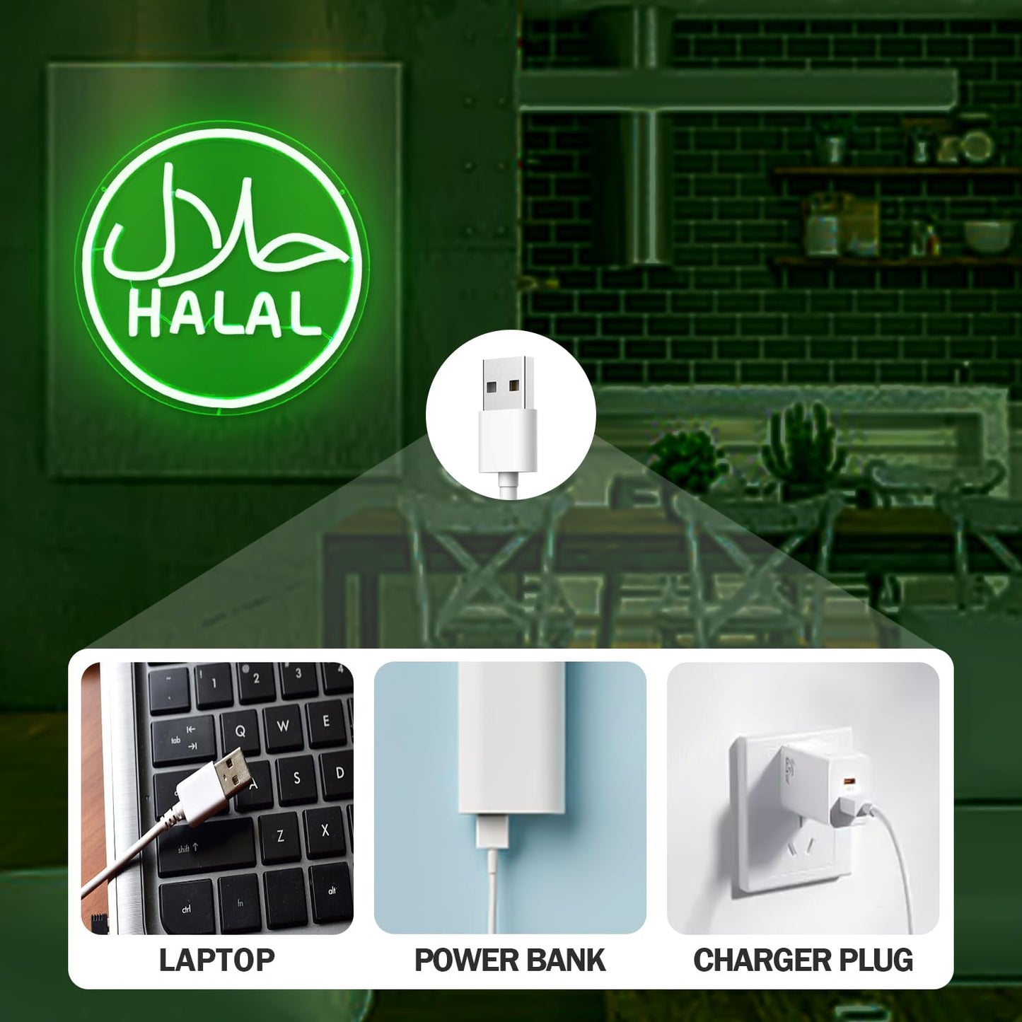 Halal Neon Signs for Wall Decor Dimmable Led Green Restaurant Neon Light Signs for Beef Chicken Candy Snack,Halal Hanging Door Sign Light