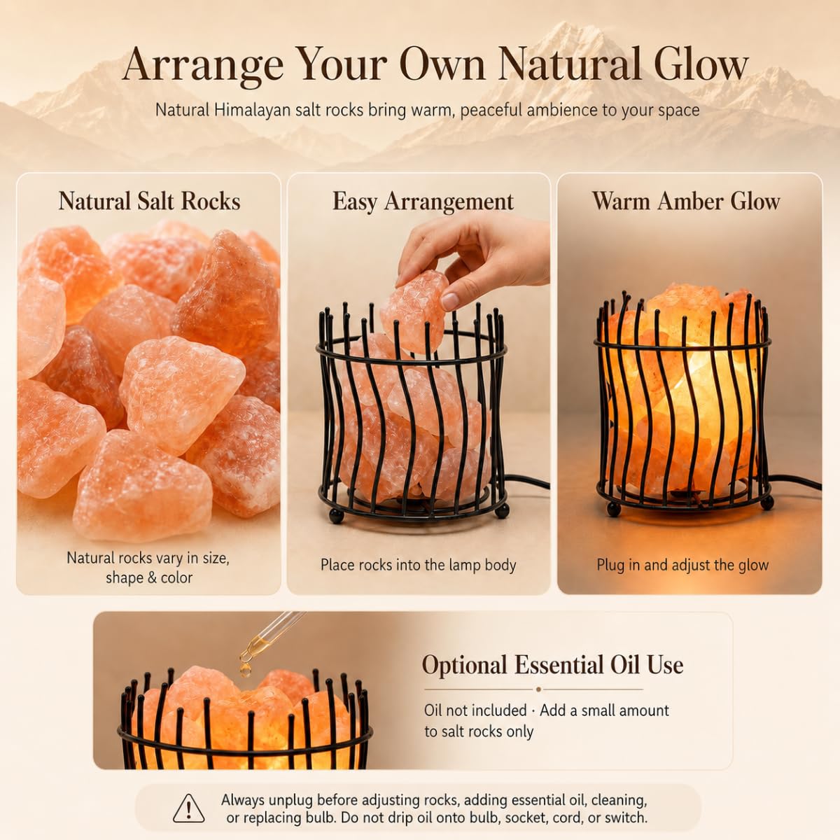 LOOPUPU Himalayan Salt Lamp 5in Plug-in Natural Pink Salt Rock Night Light Dimmer Switch 2 Bulbs Included Bedroom Desk Decor (Curved Wire Basket)