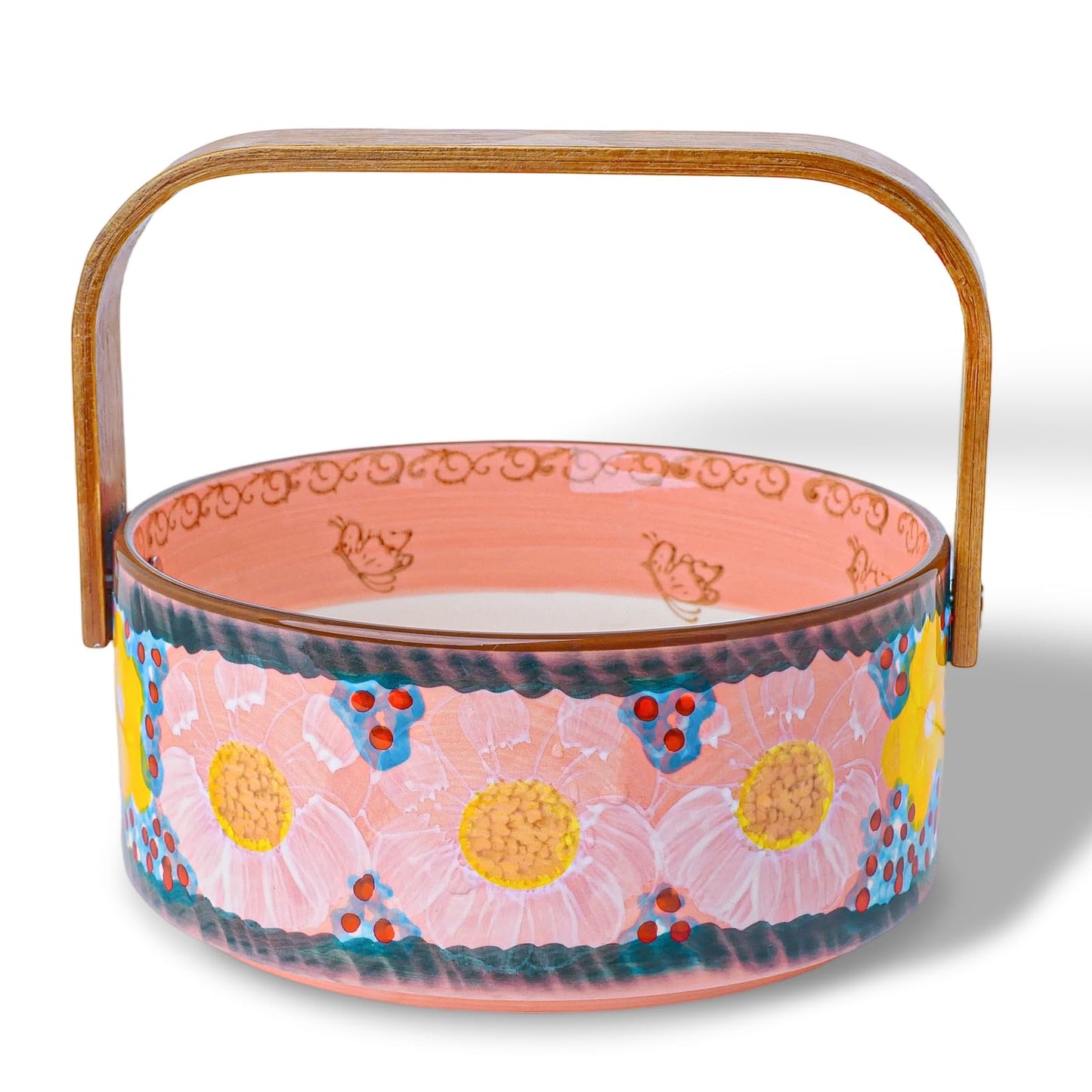 silesia Handmade Candy Bowl with Wooden Handle, 20 oz Hand-Painted Berry Bowl, Portable Handcrafted Serving Dish for Fruit, Nuts & Snacks, Rustic Farmhouse Decor (Glazed Pink)
